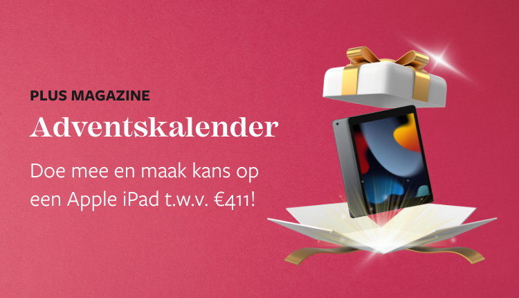 Plus Magazine adventskalender met kans op een Apple iPad ter waarde van €411, geïllustreerd met een cadeau en een tablet.