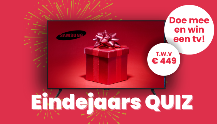 Promotieafbeelding voor de Eindejaarsquiz met de kans om een Samsung-tv ter waarde van €449 te winnen, afgebeeld met een rode cadeauverpakking en feestelijke achtergrond.