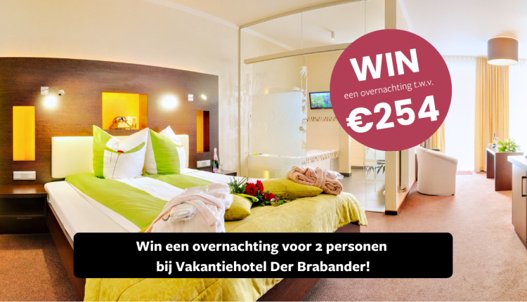 Promotie voor een overnachting t.w.v. €254 bij Vakantiehotel Der Brabander, met een luxe hotelkamer met modern interieur en groene accenten.