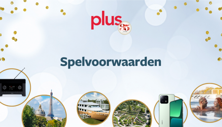 Spelvoorwaarden voor de Plus 35-jarig jubileum actie, met prijzen zoals een speaker, reisbestemmingen, een smartphone en spa-ervaringen.