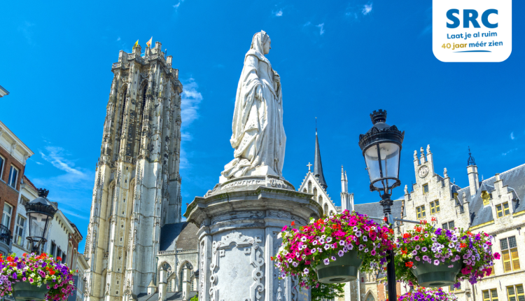 Een zonnig stadsbeeld met het standbeeld van de Heilige Margaretha en de toren van de Sint-Janskathedraal in Mechelen, omgeven door kleurrijke bloemen en historische gebouwen.