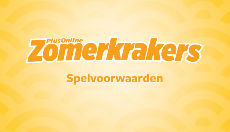 Afbeelding met de tekst "PlusOnline Zomerkrakers – Spelvoorwaarden" op een gele achtergrond met boogpatroon.