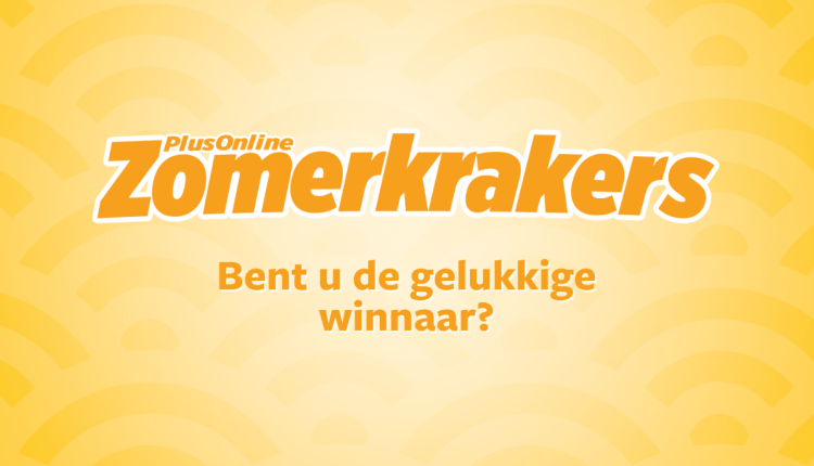 Afbeelding met de tekst "PlusOnline Zomerkrakers – Bent u de gelukkige winnaar?" op een gele achtergrond met boogpatroon.