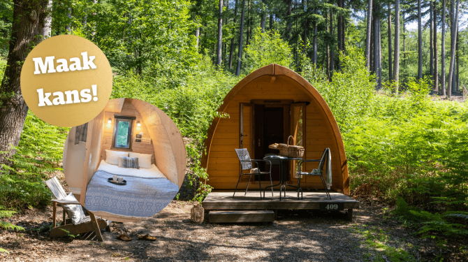 Promotieafbeelding met een houten pod-accommodatie midden in een bosrijke omgeving, met een ronde inset die het gezellige interieur toont en een gouden tekstballon met 'Maak kans!