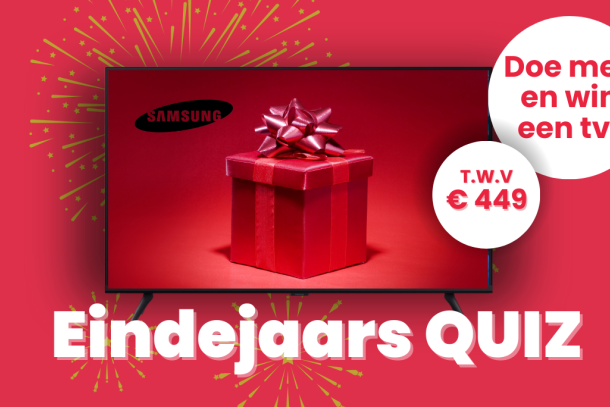 Promotieafbeelding voor de Eindejaarsquiz met de kans om een Samsung-tv ter waarde van €449 te winnen, afgebeeld met een rode cadeauverpakking en feestelijke achtergrond.